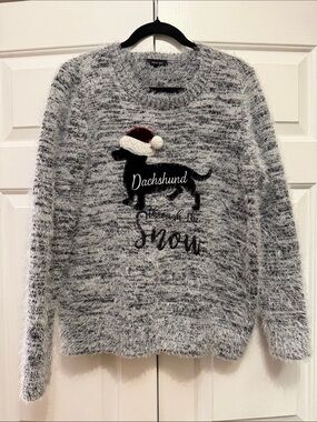Verve Ami Dachshund Fuzzy Knit Sweater in Gray and Black